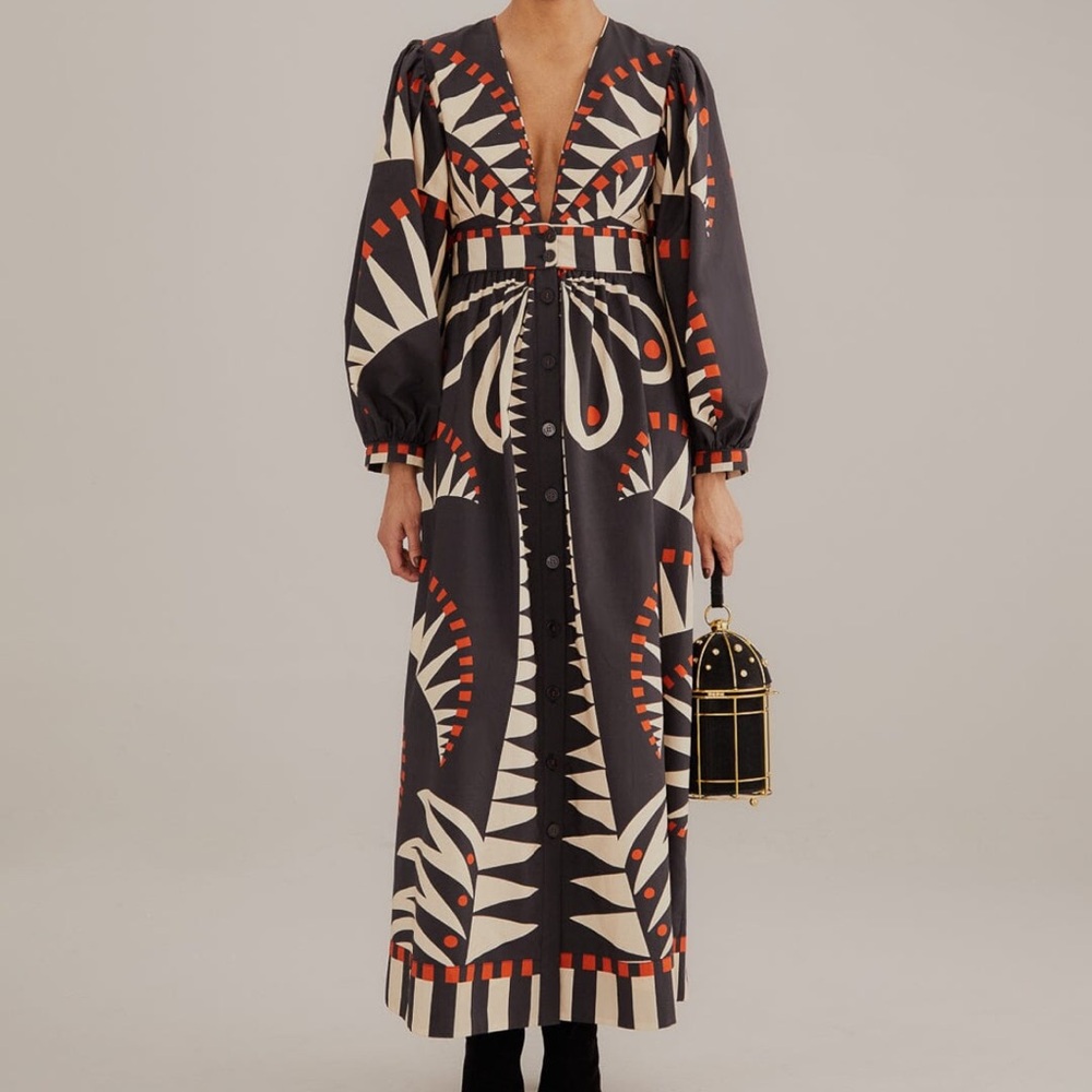 Farm Rio Black Coconut Grove Puff Sleeve Maxi Dress
